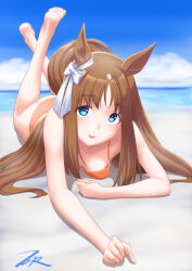  1girl alternate_costume animal_ears artist_name barefoot beach blue_eyes blue_sky bra breasts brown_hair closed_mouth cloud cloudy_sky commentary_request ear_ornament feet feet_up grass_wonder_(umamusume) highres horse_ears horse_girl horse_tail long_hair lying multicolored_hair on_stomach outdoors red_bra sand sky small_breasts smile soles solo streaked_hair t2r tail the_pose toes umamusume underwear water white_hair 