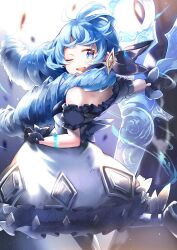 1girl :d ;d bare_shoulders black_bow black_dress black_gloves blue_eyes blue_hair blurry blurry_background bow breasts dress drill_hair frilled_dress frills gloves grey_dress gwen_(league_of_legends) hair_bow highres holding holding_scissors league_of_legends long_hair medium_breasts off_shoulder one_eye_closed open_mouth scissors short_sleeves smile solo teeth twin_drills twintails umagenzin upper_teeth_only rating:General score:2 user:danbooru