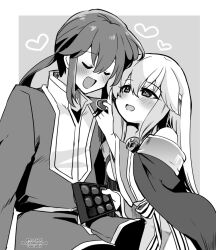  1boy 1girl blush brother_and_sister candy chocolate chocolate_heart closed_eyes dress feeding fire_emblem fire_emblem:_genealogy_of_the_holy_war food greyscale heart julia_(fire_emblem) long_hair monochrome nintendo open_mouth ponytail seliph_(fire_emblem) siblings simple_background yukia_(firstaid0) 