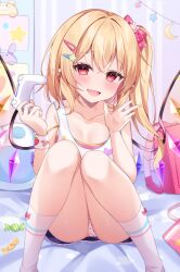  1girl blonde_hair blush breasts candy cleavage collarbone controller fang flandre_scarlet food game_controller hair_ribbon heart highres looking_at_viewer miy@ moon_(symbol) open_mouth panties pointy_ears polka_dot polka_dot_panties red_eyes ribbon small_breasts socks solo star_(symbol) touhou underwear 