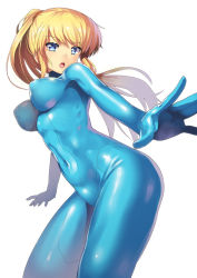 1girl blonde_hair blue_eyes bodysuit breasts covered_erect_nipples covered_navel impossible_clothes long_hair metroid nagase_haruhito navel nintendo ponytail samus_aran simple_background skin_tight solo white_background zero_suit rating:Questionable score:149 user:danbooru