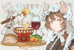 1girl 2020 alcohol animal animal_ears animal_on_shoulder apron bad_id bad_pixiv_id black_bow black_eyes blue_vows bow bread brown_eyes brown_hair buchi_(qooo003) cheese chef_hat chinese_zodiac closed_mouth cocktail_pick commentary_request cup drinking_glass fondue_au_fromage food frilled_apron frills grey_background happy_new_year hat highres holding holding_plate maid medium_hair mob_cap mouse_(animal) mouse_ears new_year original plate simple_background smile tail tail_bow tail_ornament vegetable wa_maid white_bow wine wine_glass year_of_the_rat