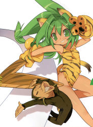 1girl absurdres animal_ears animal_hands animal_print blade_(galaxist) boomerang bottomless cat_ears cat_tail cham_cham gloves green_eyes green_hair grin highres looking_at_viewer monkey paku_paku paw_gloves queen&#039;s_blade queen&#039;s_gate samurai_spirits simple_background smile snk tail tiger_print white_background rating:Sensitive score:7 user:danbooru