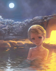  1girl blonde_hair covering_privates covering_breasts full_moon lowres moon night nude onsen original smile solo weno weno&#039;s_blonde_original_character 