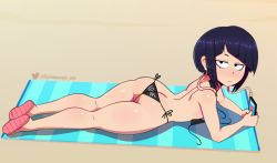 1girl ass back beach bikini boku_no_hero_academia breasts butt_crack highres jirou_kyouka looking_at_viewer lying on_stomach phone purple_hair sandals short_hair side-tie_bikini_bottom small_breasts solo somescrub swimsuit topless towel rating:Questionable score:134 user:JustHere4Tits