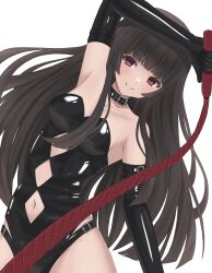  1girl arm_up bdsm black_hair bondage_outfit breasts clothing_cutout dominatrix dutch_angle elbow_gloves gloves grin highres hime_cut long_hair medium_breasts navel_cutout original red_eyes smile solo user_zngd5238 whip white_background 
