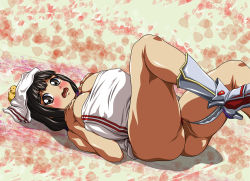  1girl anime_coloring ass black_hair blackgneiss blush boots breasts brown_eyes covered_erect_nipples female_focus high_heels huge_breasts ii_naotora legs lying no_pants on_back on_ground open_mouth panties plump red_panties sengoku_musou solo underwear 