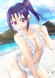  10s 1girl areola_slip bare_shoulders beach bikini breasts cleavage cloud frills fuibu highres kazuno_sarah large_breasts leaning_forward lens_flare looking_at_viewer love_live! love_live!_sunshine!! medium_hair mountain navel ocean open_mouth outdoors purple_hair red_eyes sand side_ponytail sky slingshot_swimsuit solo sweatdrop swimsuit water white_bikini 