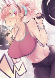 1girl bare_shoulders blush breasts cleavage commentary_request exercising hair_ornament hairclip highres hyocorou kyouka_jinrui_amunero midriff myuka_(kyouka_jinrui_amunero) navel pink_eyes pink_hair ponytail solo sports_bra sweat trembling weightlifting rating:Sensitive score:48 user:danbooru