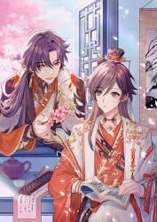  2boys abacus bad_source book brown_eyes brown_hair cherry_blossoms chinese_clothes cup earrings flower hair_ornament hanfu highres holding jewelry jiaoling_ruqun long_sleeves looking_at_another male_focus multiple_boys open_mouth purple_hair scroll sitting smile teacup teapot wen_yi_chen window 