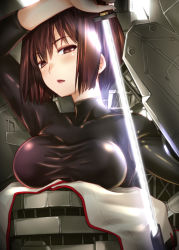 10s 1girl breasts hyuuga_(kancolle) kantai_collection large_breasts latex personification solo sumeragi_hamao sword weapon rating:Questionable score:15 user:danbooru