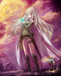  1990s_(style) 1girl belt blonde_hair boots brown_footwear cape celes_chere cloud cross-laced_footwear detached_sleeves final_fantasy final_fantasy_vi fish gem highres holding house leotard long_hair purple_background purple_theme solo standing sword thigh_strap twilight umeda_yoshio weapon  rating:Sensitive score:10 user:rolis.