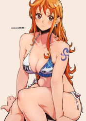 1girl aosora2823 arm_tattoo artist_name bare_shoulders bikini blue_bikini blush breasts brown_eyes closed_mouth collarbone earrings highres jewelry large_breasts long_hair looking_at_viewer nami_(one_piece) one_piece pearl_earrings side-tie_bikini_bottom simple_background sitting solo swimsuit tattoo thighs very_long_hair wavy_hair white_background rating:Sensitive score:80 user:danbooru
