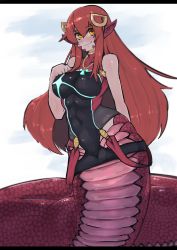  1girl absurdres bare_arms black_one-piece_swimsuit blush breasts chest_jewel closed_mouth commission competition_swimsuit cosplay covered_navel fang fang_out gem hair_between_eyes highres kneeling lamia large_breasts long_hair longneko miia_(monster_musume) monster_girl monster_musume_no_iru_nichijou multicolored_clothes multicolored_swimsuit one-piece_swimsuit pointy_ears pyra_(pro_swimmer)_(xenoblade) pyra_(pro_swimmer)_(xenoblade)_(cosplay) red_hair red_one-piece_swimsuit scales sidelocks smile solo swimsuit tail two-tone_swimsuit xenoblade_chronicles_(series) xenoblade_chronicles_2 yellow_eyes  rating:Sensitive score:37 user:danbooru