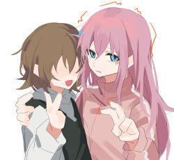  2girls blue_eyes bocchi_the_rock! brown_hair commentary_request cube_hair_ornament fan_2-gou gotoh_hitori hair_ornament hand_on_another&#039;s_shoulder hood hoodie jacket long_sleeves looking_at_viewer multiple_girls open_mouth pink_jacket shirt simple_background smile track_jacket trembling upper_body v white_background white_hoodie xmyishipi 