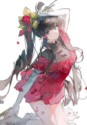  1girl aotu_world black_bow black_hair black_shirt blue_eyes blunt_bangs boots bow bow_button breasts bud character_request check_character closed_mouth collared_shirt cross-laced_footwear dress dress_flower earrings elbow_gloves eyelashes flower full_body gloves hand_on_floor hand_on_own_head high_collar jewelry kaili_(aotu_world) kneeling large_breasts light_smile long_hair nonhaaa off-shoulder_dress off_shoulder petals pointy_ears red_dress red_flower red_rose rose rose_petals shirt short_dress short_sleeves simple_background solo star_(symbol) star_earrings twintails very_long_hair white_background white_bow white_footwear white_gloves 