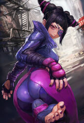  1girl alley ass bent_over blue_bodysuit blunt_bangs bodysuit colored_eyepatch dutch_angle eyelashes eyepatch feet fingerless_gloves foot_focus foot_out_of_frame from_behind gloves hair_horns han_juri hand_on_own_ass highres licking_lips looking_at_viewer looking_back miche no_shoes outdoors pink_eyes purple_bodysuit purple_nails sidelocks soles solo standing standing_on_one_leg street_fighter street_fighter_v teeth toe_scrunch toeless_legwear toes tongue tongue_out two-tone_bodysuit upper_teeth_only  rating:Sensitive score:67 user:danbooru