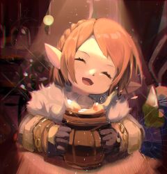  1girl alcohol beer blurry blurry_background blush braid closed_eyes commentary crescent cup english_commentary final_fantasy final_fantasy_xiv giott highres holding holding_cup kazekokakuii lalafell light_particles light_rays medium_hair open_mouth pointy_ears smile solo star_(symbol) wooden_cup 