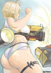  1girl :3 absurdres ass ass_focus back bag blonde_hair breasts curvy duffmox elegg_(nikke) goddess_of_victory:_nikke gun hair_over_eyes highres holding holding_weapon huge_ass large_breasts micro_shorts shiny_skin shorts size_difference thick_thighs thighhighs thighs thong weapon white_hair wide_hips  rating:Explicit score:34 user:HeavenMaid