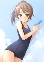 1girl blue_one-piece_swimsuit blue_sky brown_eyes brown_hair cloud cowboy_shot dated flat_chest highres holding long_hair old_school_swimsuit one-piece_swimsuit original ponytail school_swimsuit shibacha signature sky solo standing standing_on_one_leg swimsuit tongue tongue_out two-handed two-handed_handgun_grip water_gun