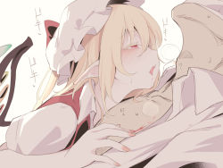  1boy 1girl asutora blonde_hair blood blush crystal fingernails flandre_scarlet hat heavy_breathing injury long_hair looking_at_another mob_cap open_mouth pointy_ears red_eyes short_sleeves simple_background solo_focus touhou upper_body white_background white_headwear wings  rating:Sensitive score:78 user:danbooru