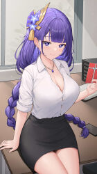1girl absurdres blush braid breasts cleavage collared_shirt earrings flower genshin_impact hair_ornament highres holding jewelry large_breasts long_hair long_sleeves looking_at_viewer low-braided_long_hair low-tied_long_hair necklace office_lady pencil_skirt phone purple_eyes purple_hair raiden_shogun shirt sitting skirt sleeves_rolled_up smile solo thighs uka_(315302627) white_shirt rating:Sensitive score:60 user:danbooru