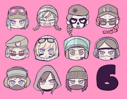  6+girls :&lt; :3 :o baseball_cap beanie beret black_mask blonde_hair blue_eyes blush_stickers braid brown-framed_eyewear brown_hair brown_hat cabbit character_request closed_eyes closed_mouth commentary_request copyright_request expressionless eyewear_on_head facepaint fangs frown glasses goggles goggles_on_headwear green_hair green_hat green_headphones green_hood grey-framed_eyewear grey_hat grey_headphones grey_hood hat head_only headphones_over_headwear headpiece light_smile long_hair low_twin_braids marking_on_cheek mask military_hat mole mole_under_eye mouth_mask multicolored_hair multiple_girls open_mouth pink-tinted_eyewear pink_background purple_eyes red_hair round_eyewear short_hair simple_background single_braid smile straight-on streaked_hair sunglasses terada_tera tinted_eyewear twin_braids v-shaped_eyebrows white_hair white_hood 