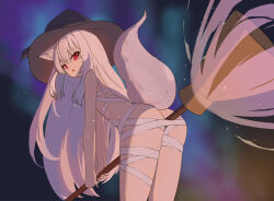  1girl :o animal_ear_fluff animal_ears ass aurora bandages bare_arms bare_shoulders between_legs black_hat broom broom_riding budget_sarashi dodo24850918 fang female_focus flat_chest fox_ears fox_girl fox_tail from_behind hair_between_eyes hat highres holding holding_broom leaning_forward light_particles long_hair looking_at_viewer looking_back naked_bandage night night_sky open_mouth original outdoors parted_lips red_eyes sarashi sidelocks sky solo star_(sky) starry_sky tail very_long_hair white_hair witch_hat  rating:Questionable score:21 user:maimaimai