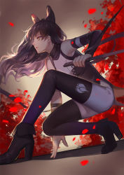  1girl animal_ears ankle_boots ask_(askzy) black_hair black_thighhighs blake_belladonna boots bow cat_ears hair_bow high_heel_boots high_heels long_hair long_legs profile rwby solo thighhighs weapon yellow_eyes  rating:Sensitive score:83 user:danbooru