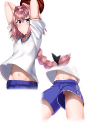 1boy arms_up astolfo_(fate) bad_id bad_pixiv_id ball basketball basketball_(object) black_bow blue_shorts blush bow braid closed_mouth cropped_legs fate/apocrypha fate_(series) from_below gym_shorts gym_uniform hair_between_eyes hair_bow hair_intakes highres kitajima_yuuki long_hair looking_at_viewer lower_body male_focus multicolored_hair multiple_views navel no_panties no_undershirt pink_hair purple_eyes shadow shirt short_sleeves shorts simple_background single_braid standing stomach streaked_hair sweat testicle_peek testicles trap upper_body upshirt upshorts v-shaped_eyebrows white_background white_hair white_shirt  rating:Explicit score:77 user:danbooru