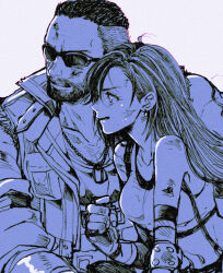 1boy 1girl arm_tattoo ashinamaturi bare_shoulders barret_wallace beard black_bra bra breasts buzz_cut clenched_hand clenched_teeth crop_top dirty dirty_clothes dirty_face dog_tags earrings elbow_gloves elbow_pads facial_hair facing_to_the_side final_fantasy final_fantasy_vii final_fantasy_vii_remake gloves grey_background hair_between_eyes highres jewelry leaning_forward long_hair looking_to_the_side medium_breasts muscular muscular_male shirt short_hair sleeveless sleeveless_shirt sports_bra sunglasses tattoo teeth tifa_lockhart underwear upper_body very_short_hair vest white_shirt 