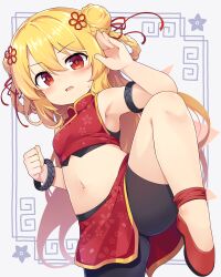  1girl baku-p blonde_hair blush china_dress chinese_clothes double_bun dress fighting_stance hair_bun highres lily_black lily_white long_hair looking_at_viewer midriff navel red_dress red_eyes red_footwear shoes solo standing standing_on_one_leg touhou 