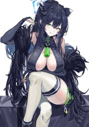  1girl absurdres animal_ears ass black_dress black_hair blue_archive blue_halo blush breasts bridal_gauntlets center_opening chinese_clothes dress extra_ears green_eyes halo highres kazukingu large_breasts long_hair open_mouth shun_(blue_archive) solo thighhighs thighs white_thighhighs 