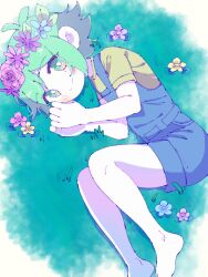  1boy antenna_hair barefoot basil_(headspace)_(omori) basil_(omori) blue_flower blue_overalls bright_pupils child closed_mouth flower foot_out_of_frame grass green_eyes green_hair green_shirt looking_at_viewer male_focus matouchi_(matouti118) omori on_grass outdoors overall_shorts overalls own_hands_together pink_flower pink_rose purple_flower rose shirt short_hair short_sleeves smile solo whiet_skin white_pupils yellow_flower  rating:General score:4 user:danbooru