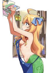  1girl absurdres ahoge apron blonde_hair blue_apron border bow breasts from_side hair_bow highres indoors jashin-chan jashin-chan_dropkick lamia long_hair manga_(object) monster_girl naked_apron navel profile ribs rokochandayo small_breasts solo upper_body white_border  rating:Questionable score:17 user:danbooru
