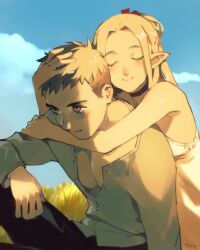  1boy 1girl arm_rest armpits blonde_hair blue_sky blush brown_eyes choker closed_eyes cloud dress dungeon_meshi elf grass hair_around_ear highres hug hug_from_behind laios_touden long_hair marcille_donato optionaltypo outdoors partially_unbuttoned pectoral_cleavage pectorals pointy_ears shirt short_hair signature sitting sky sleeveless sleeveless_dress smile 