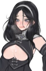  1girl black_hair blue_eyes blush breasts cum cum_on_body cum_on_breasts cum_on_upper_body large_breasts lichy_(nat_the_lich) long_hair nat_the_lich solo tearing_up  rating:Questionable score:14 user:holup77