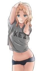  1girl absurdres arm_up black_panties blonde_hair blue_eyes casual character_name clothes_writing commentary cowboy_shot girls_und_panzer grey_shirt groin hair_intakes hands_in_hair highres kay_(girls_und_panzer) light_smile long_hair looking_at_viewer midriff munisuke_(zrkt7883) navel no_pants panties parted_lips saunders_school_uniform school_uniform shirt short_sleeves simple_background solo standing t-shirt underwear white_background  rating:Sensitive score:15 user:danbooru