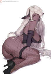 1girl ass breasts cutesexyrobutts dark-skinned_female dark_skin fishnet_legwear fishnets garter_belt high_heels highres large_breasts long_hair nipples pointy_ears red_eyes simple_background solo thick_thighs thighs very_long_hair white_background white_hair rating:Questionable score:139 user:danbooru