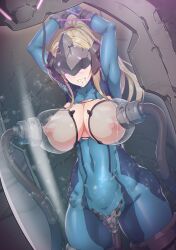  1girl arms_up blindfold blonde_hair breasts breasts_out green_eyes lactation large_breasts leotard long_hair metroid metroid:_zero_mission milking_machine mind_control nandz nintendo object_insertion ponytail puffy_nipples restrained samus_aran sex_machine skin_tight stasis_tank stationary_restraints torn_clothes torn_leotard vaginal vaginal_object_insertion variant_set zero_suit 