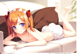 1girl absurdres bare_legs barefoot bloomers blue_eyes bow breasts closed_mouth collarbone couch feet fingernails flat_chest hair_bow hair_ornament hairband headdress highres ke-ta loli long_fingernails looking_at_viewer lying nipples no_wings non-web_source on_couch on_stomach orange_hair page_number pillow red_bow short_hair smile soles solo sunny_milk toes topless touhou translation_request twintails underwear underwear_only white_bloomers rating:Questionable score:110 user:danbooru