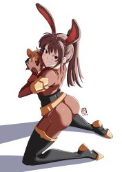  1girl ahoge anesidora_(rwby) animal_ears artist_logo ass ass_focus automatic_giraffe black_bodysuit blush bodysuit brown_hair brown_shorts camera commentary crop_top english_commentary extra_ears from_above from_side full_body grin high_ponytail highres holding holding_camera kneeling looking_at_viewer looking_to_the_side rabbit_ears rabbit_girl red_eyes rwby shorts simple_background smile solo teeth velvet_scarlatina white_background 