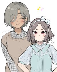  2girls blush bow bow_hairband brown_sweater_vest closed_mouth commentary dark-skinned_female dark_skin dress ebizuka_tomo eighth_note eyes_visible_through_hair facing_viewer frown girls_band_cry green_dress grey_hair grey_shirt hair_over_one_eye hairband hands_on_own_hips hashtag-only_commentary height_difference highres kirikirimai_(kkm) long_sleeves looking_at_viewer mole mole_under_eye multiple_girls musical_note parted_bangs pinafore_dress puff_of_air red_eyes rupa_(girls_band_cry) shirt short_hair short_sleeves simple_background sleeveless sleeveless_dress smile sweater_vest twitter_username upper_body v-shaped_eyebrows v_arms wavy_hair white_background white_bow white_hairband  rating:General score:1 user:danbooru