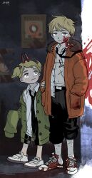 1boy 1girl aged_down black_bow black_necktie black_pants blonde_hair blood blood_on_clothes blood_on_face blood_on_wall blood_splatter bow brother_and_sister chainsaw_man closed_mouth coat commentary commentary_request cosplay cross-shaped_pupils denji_(chainsaw_man) denji_(chainsaw_man)_(cosplay) dress_shirt english_commentary expressionless full_body fur-trimmed_hood fur_trim green_jacket grey_eyes hair_bow hands_in_pockets heel_pop highres holding_another&#039;s_arm hood hood_down horns jacket jitome karen_mccormick kenny_mccormick light_smile long_sleeves look-alike looking_at_another looking_at_viewer loose_necktie mixed-language_commentary multiple_hair_bows necktie necktie_over_shoulder no_socks open_clothes open_coat open_shirt orange_coat oversized_clothes pants pants_rolled_up parody poster_(object) power_(chainsaw_man) power_(chainsaw_man)_(cosplay) pull_cord scar scar_on_chest shirt shirt_partially_tucked_in shoes short_hair short_twintails siblings signature sleeves_past_fingers sleeves_past_wrists sneakers south_park standing symbol-shaped_pupils twintails uefuatoq wanted white_shirt