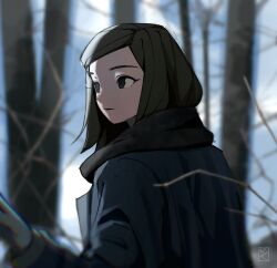  1girl black_gloves black_scarf blue_jacket blurry blurry_background branch brown_eyes brown_hair chromatic_aberration closed_mouth cloud coat gloves highres jacket kimura_731 looking_to_the_side medium_hair original outdoors scarf sky solo swept_bangs tree upper_body 