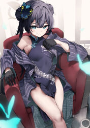 1girl absurdres black_dress black_gloves black_hair black_jacket blue_archive blue_eyes blush breasts butterfly_hair_ornament chair china_dress chinese_clothes closed_mouth commentary_request double_bun dragon_print dress gloves hair_bun hair_ornament highres jacket kisaki_(blue_archive) legs long_hair looking_at_viewer on_chair r10c sitting sleeveless sleeveless_dress small_breasts smile solo striped_clothes striped_jacket vertical-striped_clothes vertical-striped_jacket rating:Sensitive score:10 user:danbooru