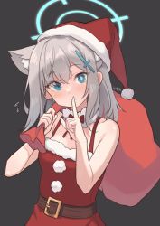 1girl animal_ear_fluff animal_ears bad_id bad_pixiv_id bare_arms bare_shoulders belt belt_buckle black_background blue_archive blue_eyes blush breasts brown_belt buckle cat_ears christmas cleavage closed_mouth collarbone commentary dress finger_to_mouth flying_sweatdrops fur-trimmed_dress fur-trimmed_headwear fur_trim goyain grey_hair hair_between_eyes halo hands_up hat holding holding_sack red_dress red_hat sack santa_costume santa_hat shiroko_(blue_archive) shushing signature simple_background sleeveless sleeveless_dress small_breasts smile solo rating:Sensitive score:21 user:danbooru