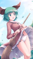  1girl animal_ears blush broom brown_dress clothes_lift commentary_request cowboy_shot day dress dress_lift frilled_dress frills green_eyes green_hair groin highres holding holding_broom kasodani_kyouko leaf long_sleeves lzh open_mouth outdoors paid_reward_available panties pantyshot partial_commentary short_hair solo standing sunlight surprised sweatdrop touhou underwear white_panties wind wind_lift 