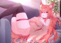  1girl animal_ear_fluff animal_ears ass bare_shoulders black_thighhighs breasts brown_sweater cleavage collar couch feet_out_of_frame fox_ears fox_girl hair_between_eyes indoors large_breasts legs_up long_hair long_sleeves looking_at_viewer lying norada off-shoulder_sweater off_shoulder on_back on_couch open_mouth orange_hair original plant red_collar red_eyes sitting_sideways sleeves_past_wrists solo sweater thigh_strap thighhighs thighs tongue tongue_out very_long_hair window 