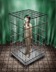 1girl bdsm black_hair bondage bound breasts cage curtains female_focus full_body gin_nasu long_hair navel nude small_breasts solo standing toes rating:Explicit score:28 user:vegueta_poderoso